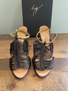 Giuseppe Zanotti Black Leather Multi-Strap Woven Sandal Heels | EU 37.5